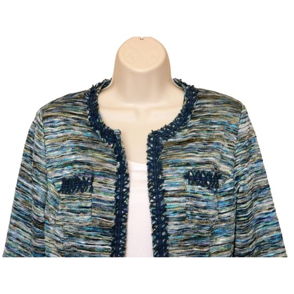 Chico's 0 Jacket S 4/6 Multi Color Blue Weave Pattern 3/4 Sleeve Polyester - Picture 2 of 9